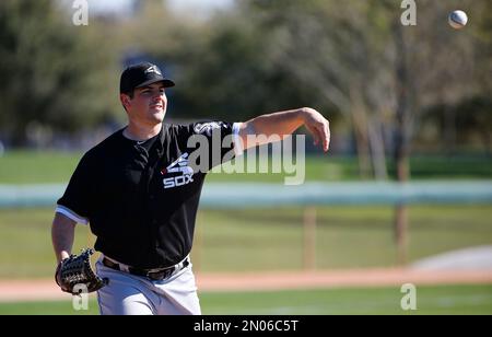 Chicago White Sox rookie pitcher Carlos Rodon hugs his girlfriend Ashley  Paddock before a baseball game against the Cleveland Indians on Monday, May  20, 2015, in Chicago. (AP Photo/Matt Marton Stock Photo 