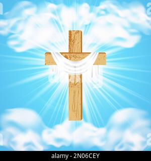 He is Risen. Easter. Light blue background with Christian wooden cross and glowing skies. Religious design. Postcard with Palm Sunday, Easter, Resurre Stock Vector