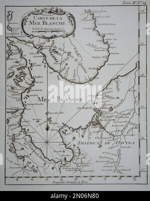 Carte de la Mer Blance by Jacques-Nicolas Bellin, 1764. This Bellin (1703-1772) map gives to you detailed understanding the Kingdom of Biarmia. The Ki Stock Photo