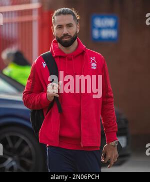 New signing Felipe #38 of Nottingham Forest arrives before the Premier League match Nottingham Forest vs Leeds United at City Ground, Nottingham, United Kingdom, 5th February 2023  (Photo by Ritchie Sumpter/News Images) Stock Photo