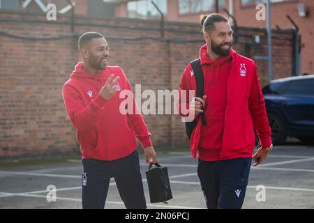 Brazilian duo Renan Lodi #32 of Nottingham Forest and new signing Felipe #38 of Nottingham Forest arrives before the Premier League match Nottingham Forest vs Leeds United at City Ground, Nottingham, United Kingdom, 5th February 2023  (Photo by Ritchie Sumpter/News Images) Stock Photo
