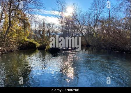 Water flowing downstream with the sun shining through the winter trees and reflecting on the water. Stock Photo