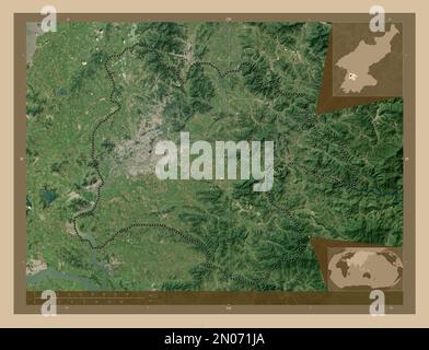 P'yongyang, special city of North Korea. Low resolution satellite map. Corner auxiliary location maps Stock Photo