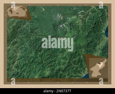 Ryanggang, province of North Korea. Low resolution satellite map. Corner auxiliary location maps Stock Photo