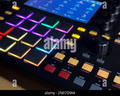 a detail shot, of a professional, illuminated akai mpc Stock Photo