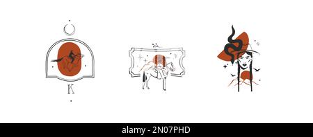 Hand drawn abstract vector graphic clipart illustrations logo set compositions.Wild Western design concept.Bohemian wild west contemporary art.Cowboy Stock Vector