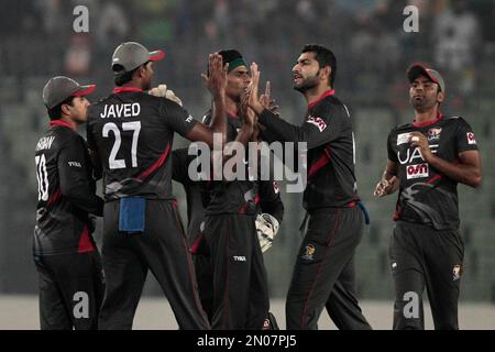 United Arab Emirates cricketers celebrate the dismissal of India's