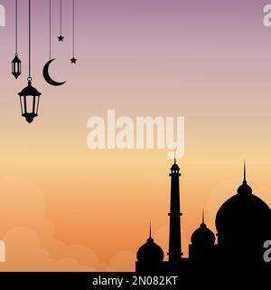 background illustration design for ramadan kareem greeting cards with mosque silhouettes and hanging lanterns Stock Vector