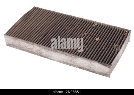 Dirty used cabin air conditioner filter isolated on white background. Poor condition. Stock Photo