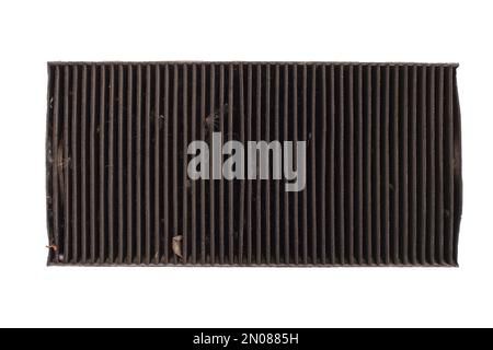 Dirty used cabin air conditioner filter isolated on white, front shot, close-up. Stock Photo