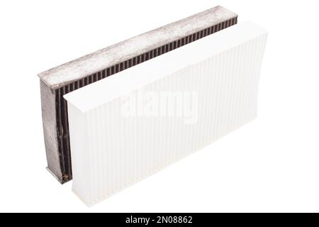 Old and new air filter, cabin on white background. Wear level, comparison. Stock Photo
