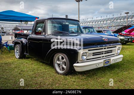 Daytona Beach, FL - November 26, 2022: High perspective front corner view of a 1962 Ford F100 Stepside Pickup Truck at a local car show. Stock Photo