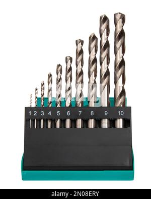 Drill bit set in box isolated on white background Stock Photo