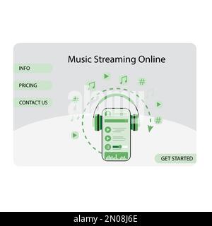 Music streaming online service landing web page. Vector illustration. Online audio landing, web music streaming service, media technology, cartoon log Stock Vector