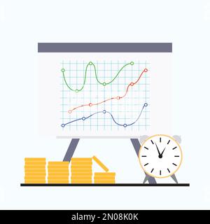 Line colored charts money and time on white board. Vector of chart money sign growth, illustration of line graph data Stock Vector