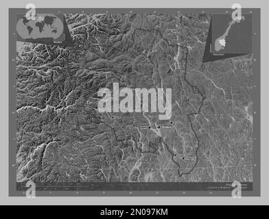 Innlandet, county of Norway. Grayscale elevation map with lakes and rivers. Locations and names of major cities of the region. Corner auxiliary locati Stock Photo