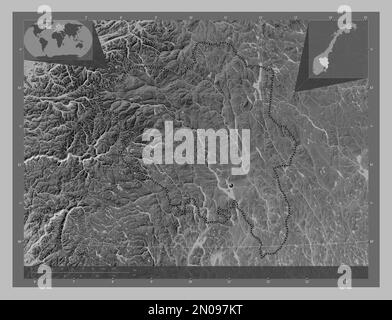 Innlandet, county of Norway. Grayscale elevation map with lakes and rivers. Corner auxiliary location maps Stock Photo