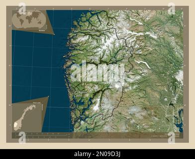 Vestland, county of Norway. High resolution satellite map. Locations and names of major cities of the region. Corner auxiliary location maps Stock Photo