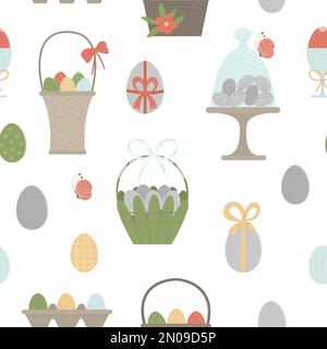 Vector seamless pattern with colored eggs, baskets, packaging with bows, butterfly and flowers. Easter background with traditional symbols. Spring dig Stock Vector