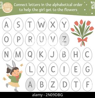 Easter ABC game with cute characters. Spring alphabet maze activity for preschool children. Choose letters from A to Z to help the girl get to the flo Stock Vector