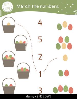 Matching game with baskets and colored eggs. Easter math activity for preschool children. Spring counting worksheet. Educational riddle with cute funn Stock Vector