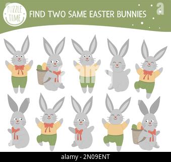 Find two same bunnies. Easter matching activity for preschool children with cute rabbits. Funny spring game for kids. Logical quiz worksheet. Stock Vector