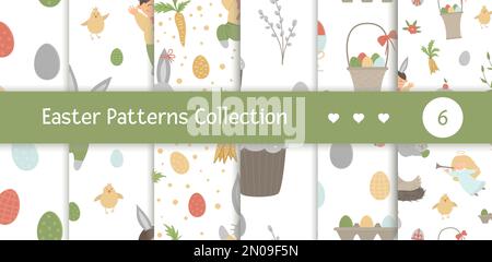 Vectors set of seamless patterns with design elements for Easter. Repeat backgrounds with cute bunny, children, colored eggs, chirping bird, chicks, b Stock Vector