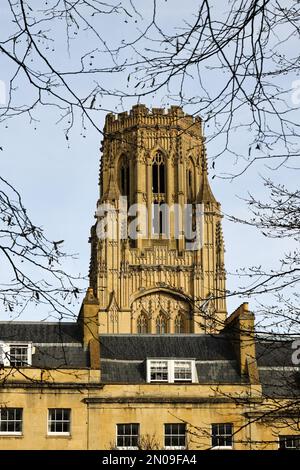 Wills Memorial Building, Bristol, UK as seen from the Georgian Berkeley Square, framed by the trees of the park Stock Photo