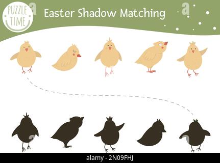 Easter shadow matching activity for children. Preschool Christian holiday puzzle. Cute spring educational riddle. Find the correct chicken silhouette Stock Vector