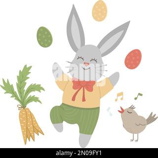 Cute cartoon bunny jumping with carrot on orange background. Vector ...