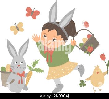 Vector flat funny girl with rabbit’s ears, basket with eggs, bunny, chicken and butterfly. Cute Easter illustration. Spring holiday picture isolated o Stock Vector