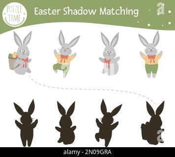 Easter shadow matching activity for children. Preschool Christian holiday puzzle. Cute spring educational riddle. Find the correct bunny silhouette ga Stock Vector