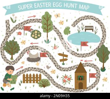 Easter egg hunt map. Set of flat spring cartoon elements. Vector garden scene with cute house, fence, colored eggs, pond. Stock Vector