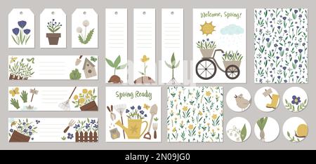 Set of vector spring garden card templates, gift tags, labels, pre-made designs, bookmarks with cute cartoon gardening elements and characters. Funny Stock Vector
