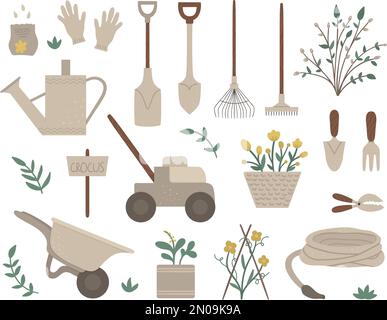 Vector set of colored garden tools, flowers, herbs, plants. Collection of gardening equipment. Flat spring illustration of spade, shovel, rakes isolat Stock Vector