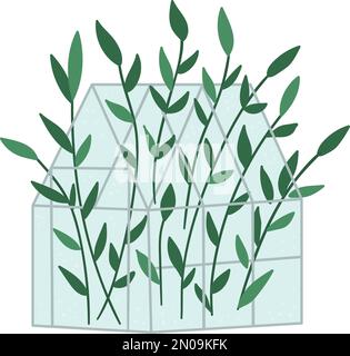 Vector greenhouse with green plants. Flat hot house illustration isolated on white background. Side view greenroom picture. Spring garden illustration Stock Vector