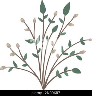 Vector picture of bush with buds and leaves. Little shrub isolated on white background. Flat spring garden illustration. Gardening icon Stock Vector