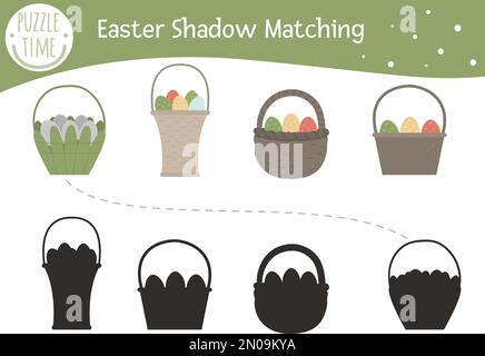 Easter shadow matching activity for children with basket and colored eggs. Preschool Christian holiday puzzle. Cute spring educational riddle. Find th Stock Vector