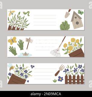 Set of vector spring garden horizontal layout card templates with cute cartoon gardening elements and characters. Funny flat illustration Stock Vector