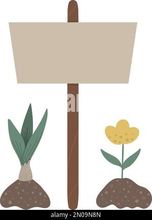 Vector garden sign table with sprouted plants isolated on white background. Flat spring garden illustration. Gardening icon Stock Vector