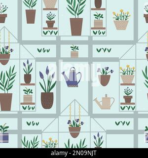 Vector greenhouse seamless pattern with plants in pots and flowers. Flat hot house repeat background. Front view greenroom texture. Spring garden digi Stock Vector