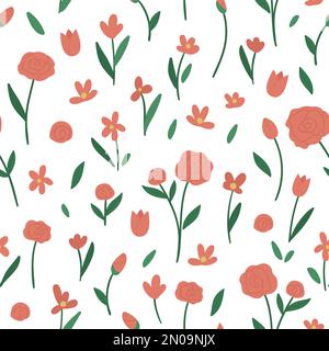 Vector seamless pattern with rose flower elements. Garden repeating background with decorative plants. Texture with spring and summer herbs and flower Stock Vector