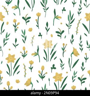 Vector seamless pattern with yellow flower elements. Garden repeating background with decorative plants. Texture with spring and summer herbs and flow Stock Vector