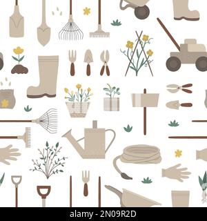Vector geometric seamless pattern with garden tools, flowers, herbs, plants. Repeat background with gardening equipment. Flat spring texture with spad Stock Vector