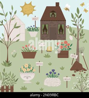 Vector illustration of garden with flower beds with name plates. Flat spring scene with a farm or country house with trees, bench, greenhouse, sun, ga Stock Vector