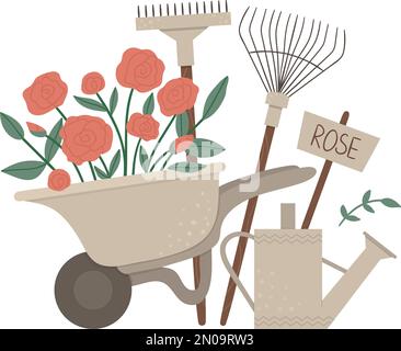 Vector illustration of colorful garden wheel barrow with rose flowers, rakes, watering can. Cartoon style spring or summer picture isolated on white b Stock Vector