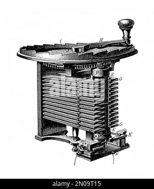 Antique 19th-century illustration depicting electromagnetic telegraph, manufactured by Siemens & Halske AG, founded in 1847 by Ernst Werner von Siemen Stock Photo