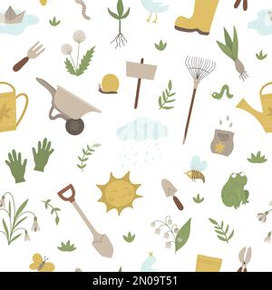 Vector seamless pattern with garden things, tools, flowers, herbs, plants. Repeat background with gardening equipment. Flat spring texture. Stock Vector