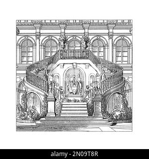 19th-century illustration depicting a stairway in Hotel de Ville in Paris, France. Engraving published in Systematischer Bilder Atlas - Bauwesen, Ikon Stock Photo