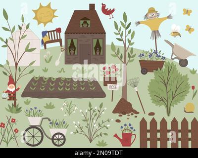 Vector illustration of garden with tools, flowers, herbs, plants. Flat spring scene with a farm or country house with trees, bench, greenhouse, sun, g Stock Vector